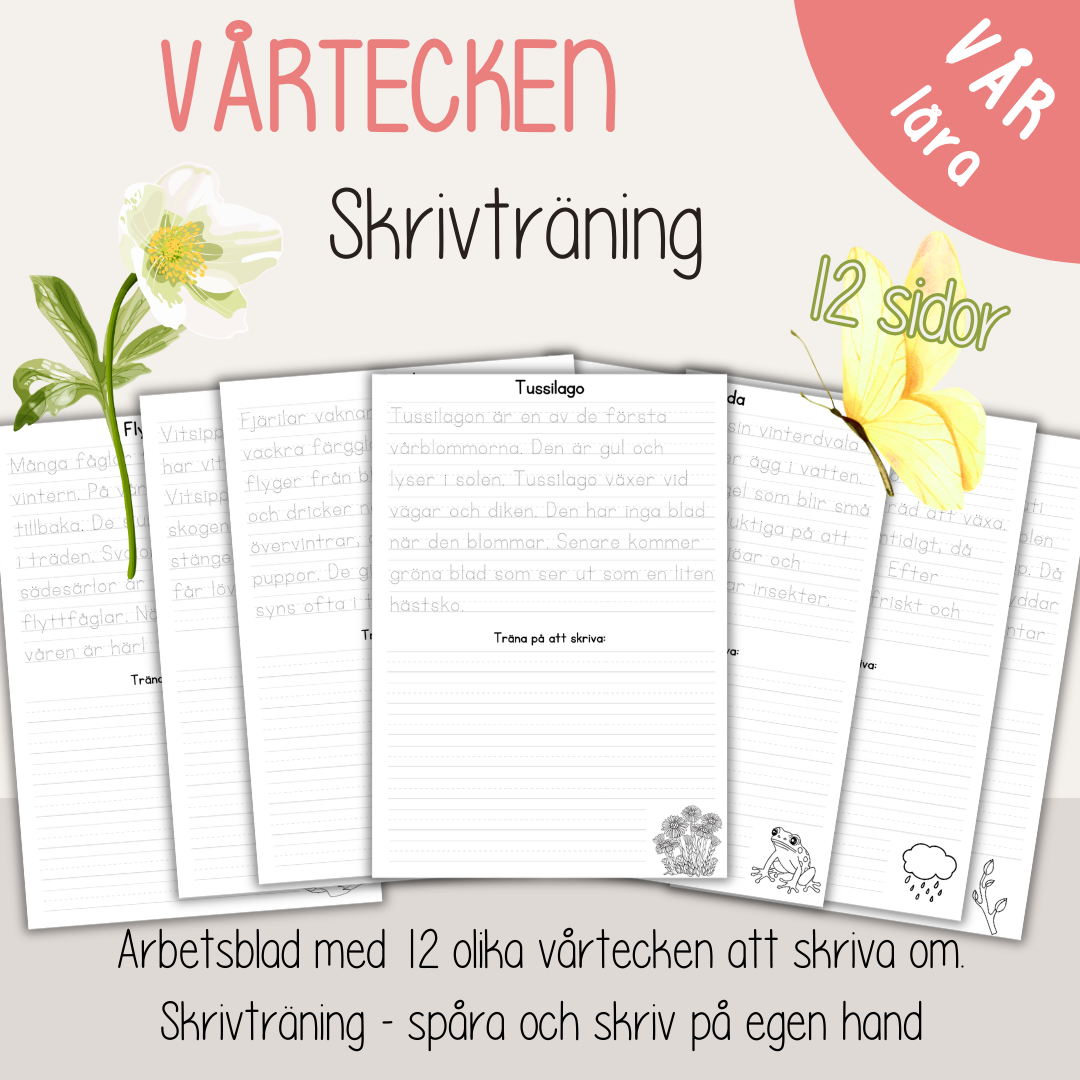 Skrivövningar vår – 12 arbetsblad för barn | skrivträning och vårtecken