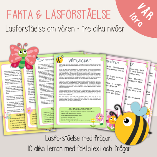 Läsförståelse vår – 10 texter med frågor i tre nivåer (arbetsblad för barn)