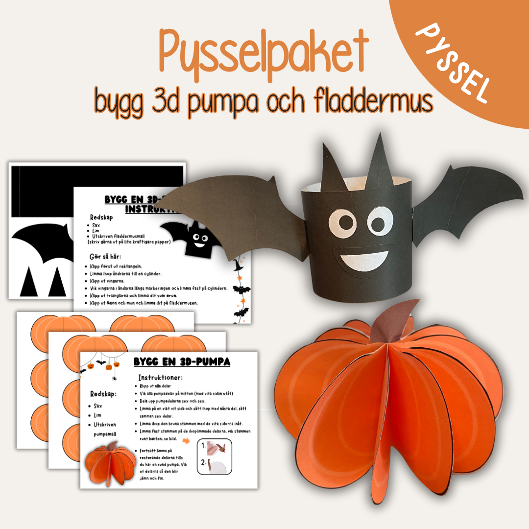 Halloweenpyssel för barn – bygg 3D-pumpa och fladdermus