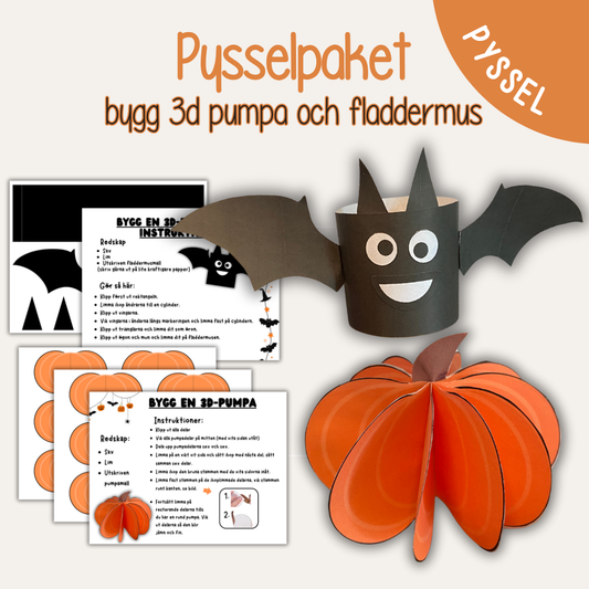 Halloweenpyssel för barn – bygg 3D-pumpa och fladdermus