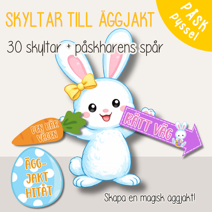 Äggjakt för barn – skyltar och påskharens spår att skriva ut (30 skyltar)