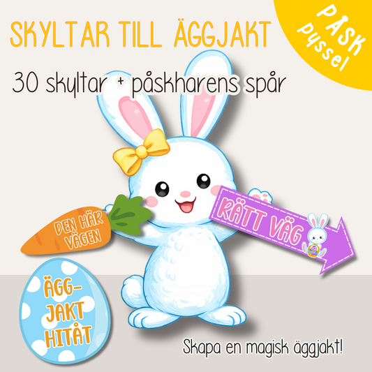 Äggjakt för barn – skyltar och påskharens spår att skriva ut (30 skyltar)