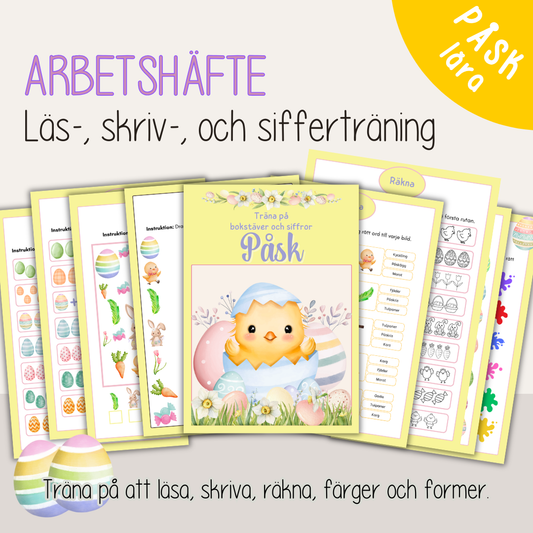 Påsk arbetsblad för barn – 54 sidor läsa, skriva och räkna