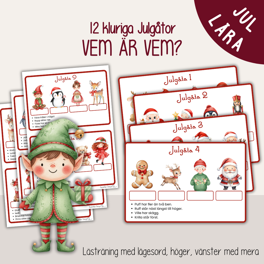 Julpyssel för barn - kluriga julgåtor att skriva ut