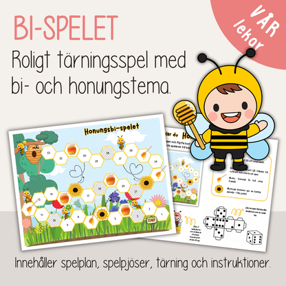 Tärningsspel med bin – Honungsbispelet (utskrivbart spel för barn)