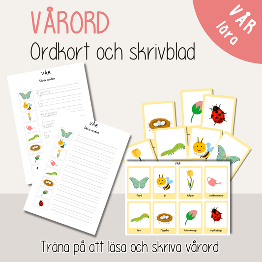 Ordkort och skrivblad vår – träna läsa, spåra och skriva (utskrivbart material för barn)