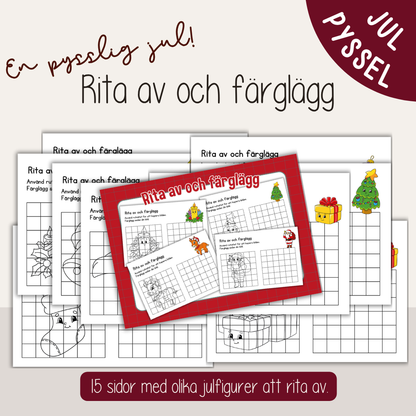 Julpyssel för barn – Rita julbilder med rutnät (15 utskrivbara motiv)