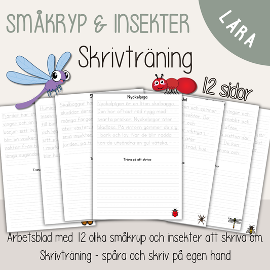 Skrivträning småkryp och insekter – 12 arbetsblad för barn