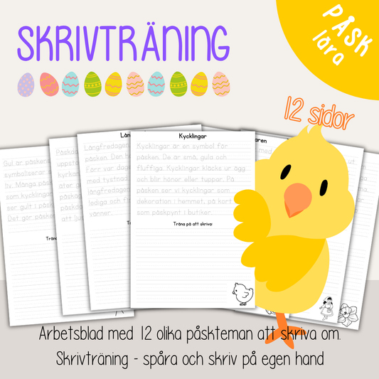 Skrivövningar påsk – 12 arbetsblad för barn | skrivträning och påsktema