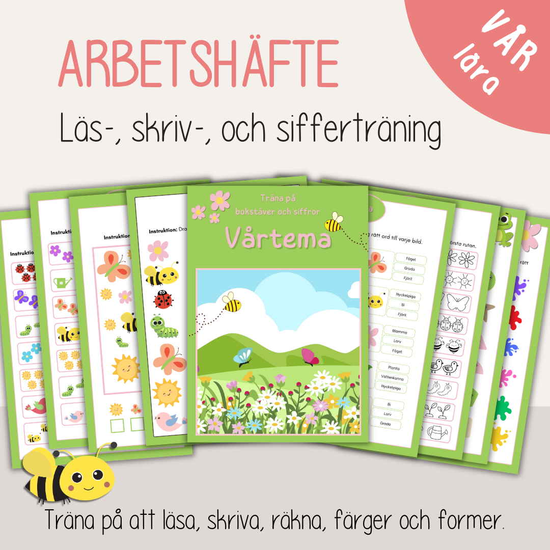 Vårtema – arbetshäfte med 53 arbetsblad för barn | läsa, skriva och räkna
