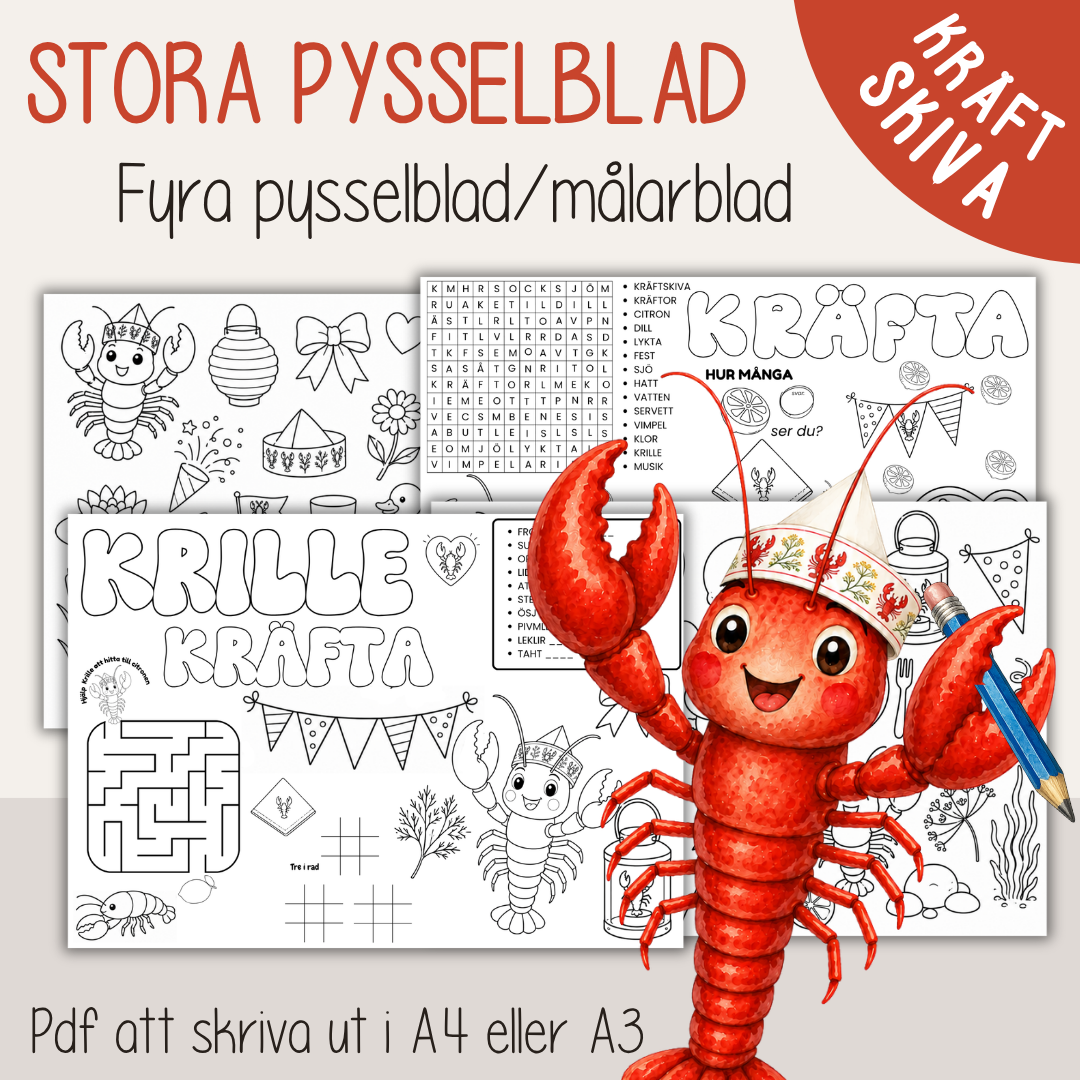 Pysselblad till kräftskivan – 4 stora A3-pysselblad för barn