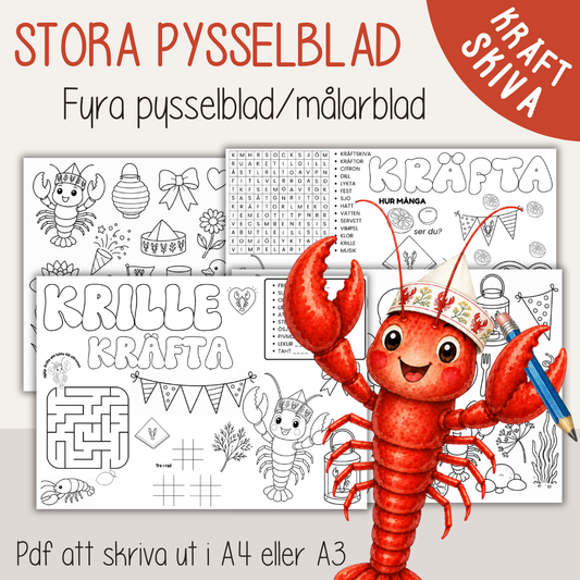 Pysselblad till kräftskivan – 4 stora A3-pysselblad för barn