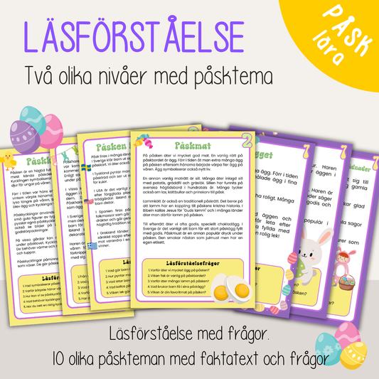 Läsförståelse påsk – 10 faktatexter med frågor i två nivåer (arbetsblad för barn)