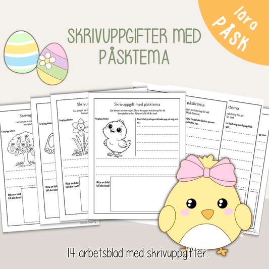 Påsktema -  skrivövningar för barn – 14 kreativa arbetsblad där barn skriver och ritar berättelser