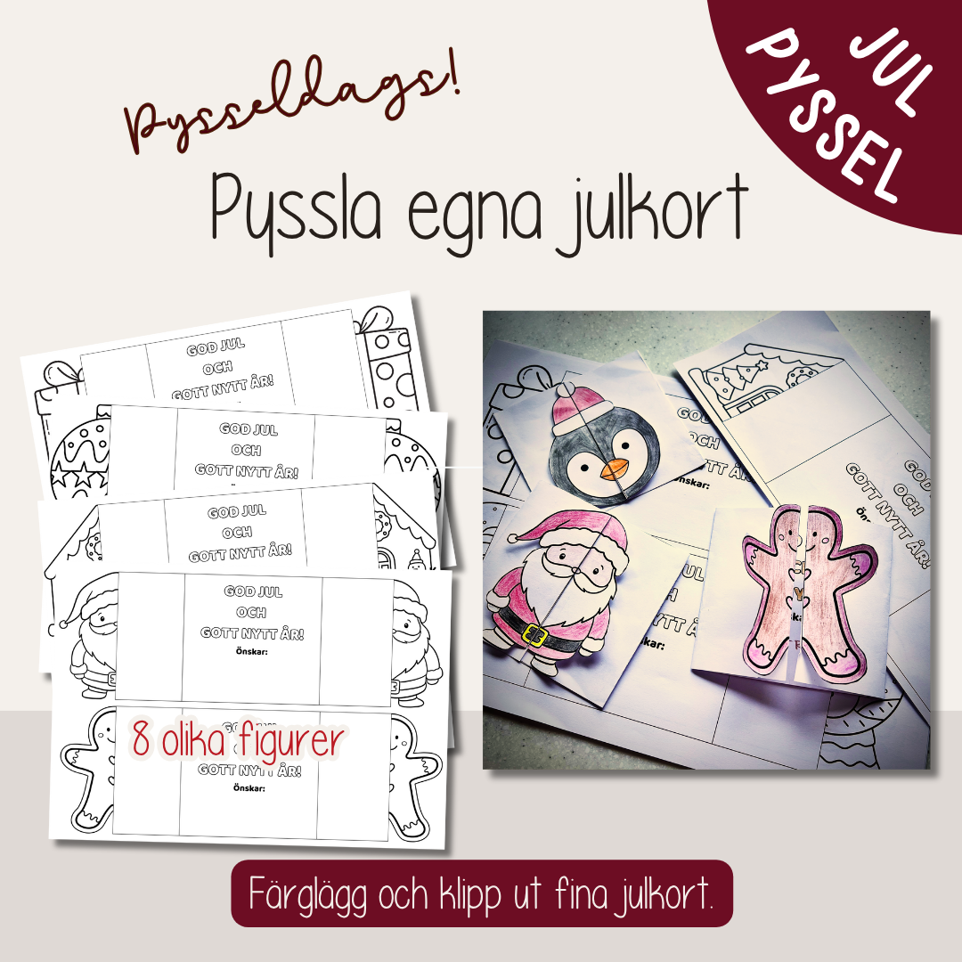 Julpyssel för barn – färglägg och vik egna julkort med julfigurer