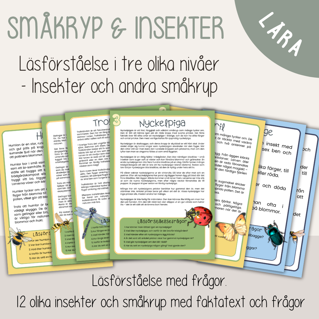 Läsförståelse småkryp och insekter – 12 faktatexter med frågor i tre nivåer
