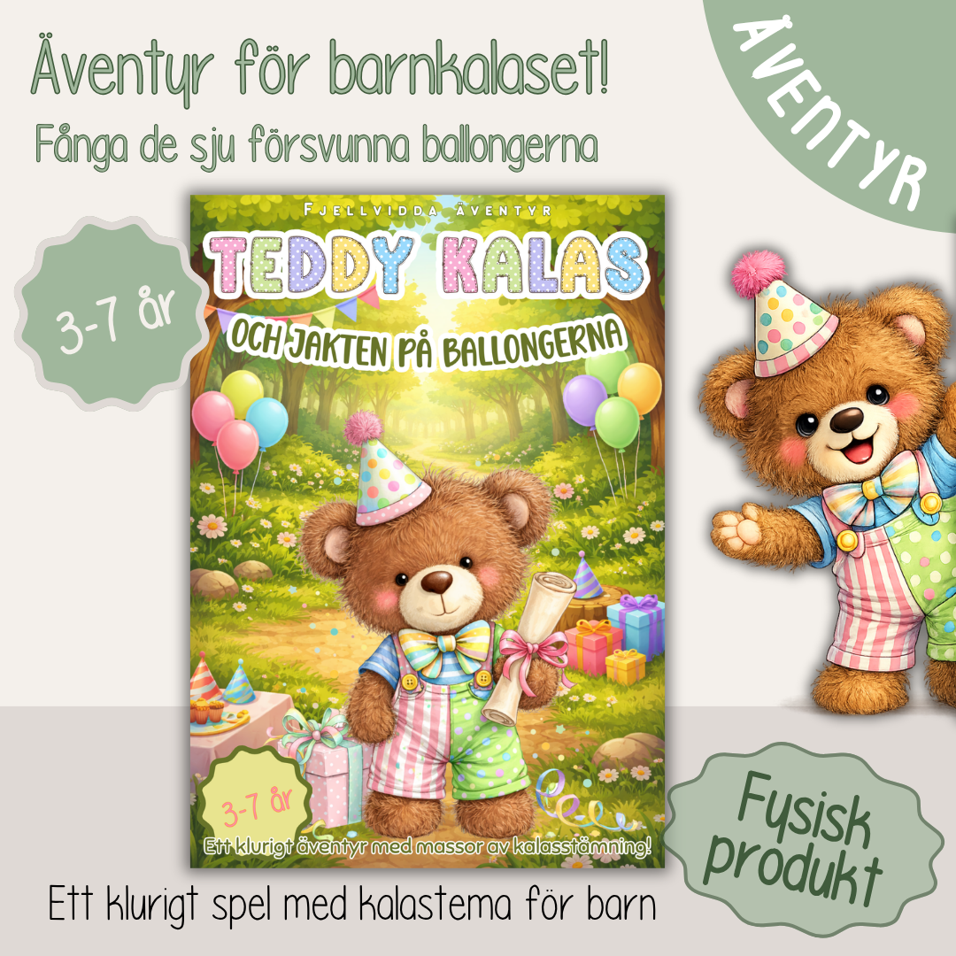 Barnkalas aktivitet – Teddy Kalas och jakten på ballongerna (färdigt kalasäventyr i presentförpackning, 3–7 år)