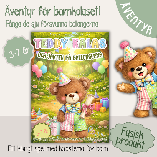 Barnkalas aktivitet – Teddy Kalas och jakten på ballongerna (färdigt kalasäventyr i presentförpackning, 3–7 år)