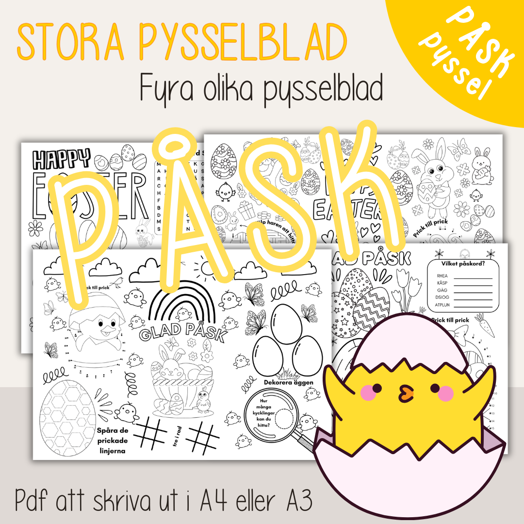 Påskpyssel A3 – stora pysselblad för barn | bordstabletter med kluriga aktiviteter
