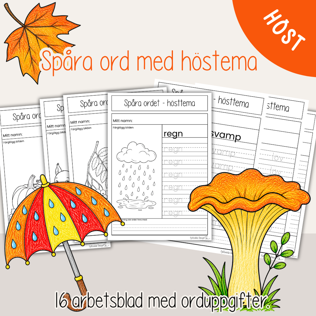 Spåra ord med hösttema – 16 arbetsblad för barn