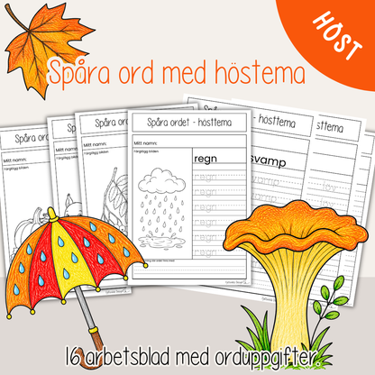 Spåra ord med hösttema – 16 arbetsblad för barn