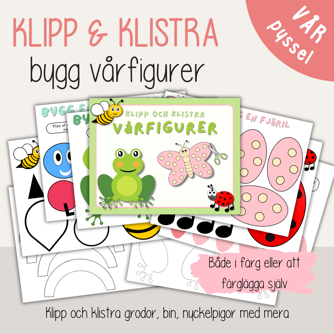 Vårpyssel för barn – färglägg, klipp och klistra vårfigurer (24 sidor)