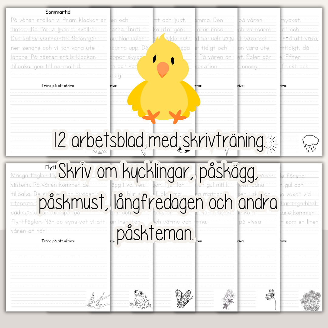 Skrivövningar påsk – 12 arbetsblad för barn | skrivträning och påsktema