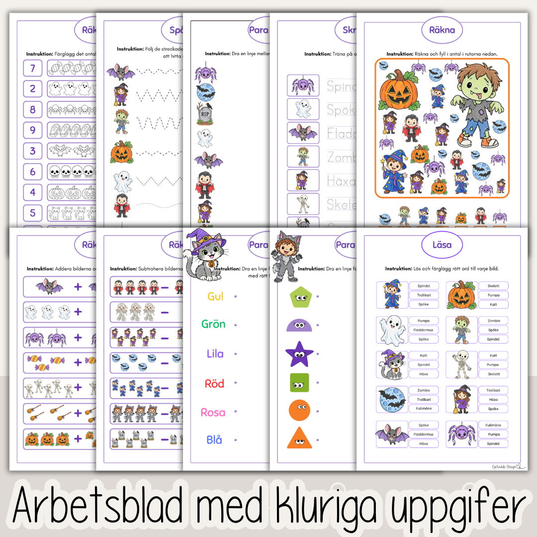 Halloweenpyssel och arbetsblad för barn – 54 sidor med bus och lärande