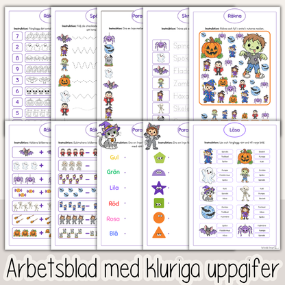 Halloweenpyssel och arbetsblad för barn – 54 sidor med bus och lärande