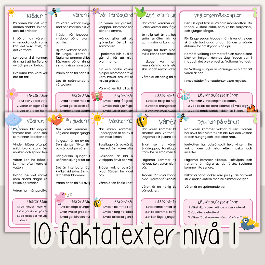 Läsförståelse vår – 10 texter med frågor i tre nivåer (arbetsblad för barn)