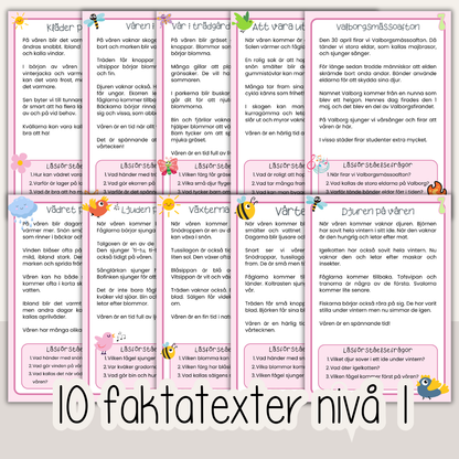 Läsförståelse vår – 10 texter med frågor i tre nivåer (arbetsblad för barn)
