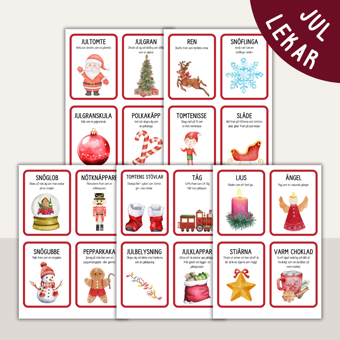 Juluppdragskort för barn – skriv ut roliga rörelseövningar och skärmfri lek