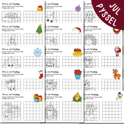 Julpyssel för barn – Rita julbilder med rutnät (15 utskrivbara motiv)