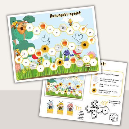 Tärningsspel med bin – Honungsbispelet (utskrivbart spel för barn)