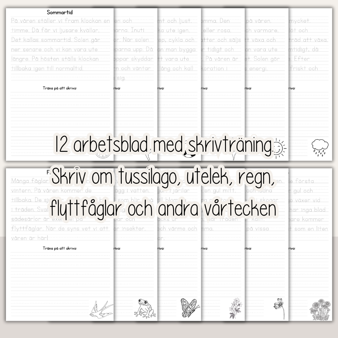 Skrivövningar vår – 12 arbetsblad för barn | skrivträning och vårtecken