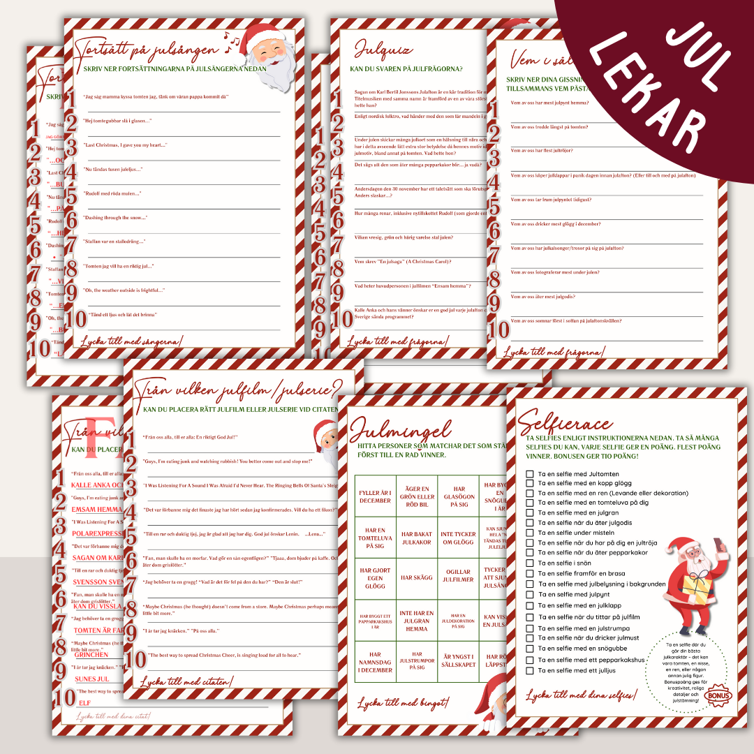 Utskrivbara jullekar och quiz – perfekt för julfesten, middagen eller familjekvällen