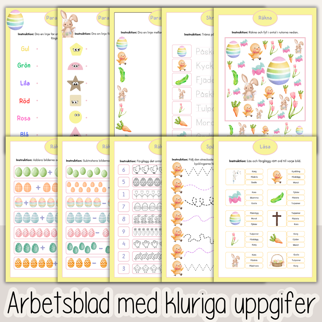 Påsk arbetsblad för barn – 54 sidor läsa, skriva och räkna