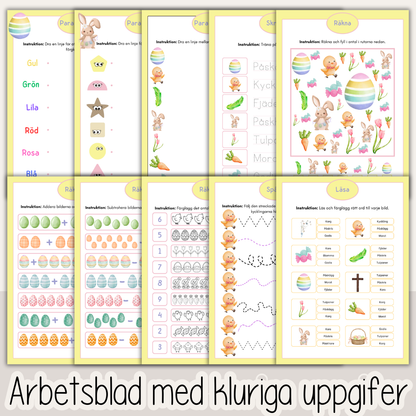 Påsk arbetsblad för barn – 54 sidor läsa, skriva och räkna