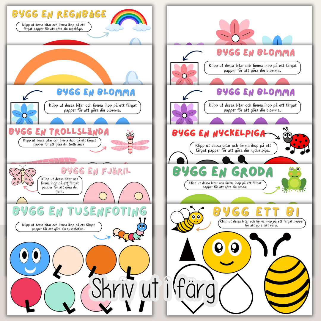 Vårpyssel för barn – färglägg, klipp och klistra vårfigurer (24 sidor)