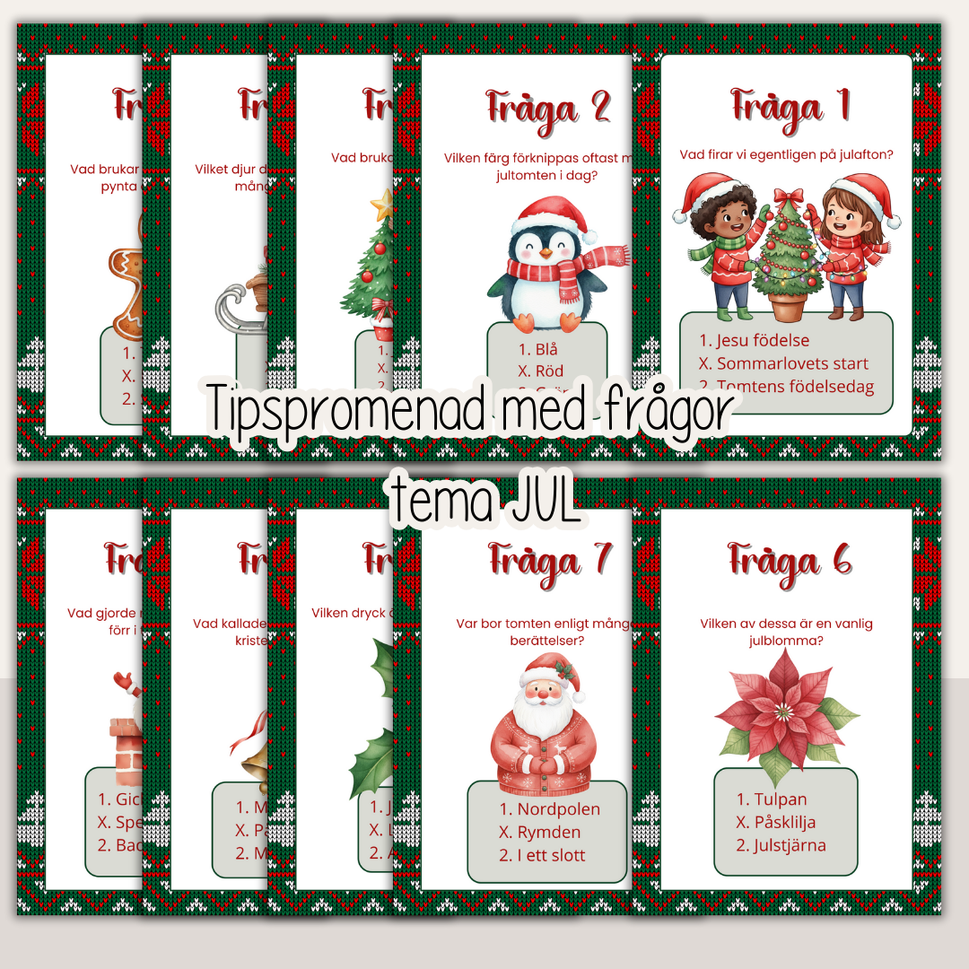 Tipspromenad med jultema – färdiga frågor att skriva ut