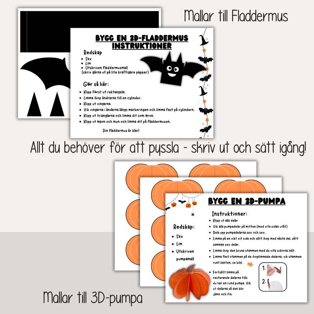 Halloweenpyssel för barn – bygg 3D-pumpa och fladdermus