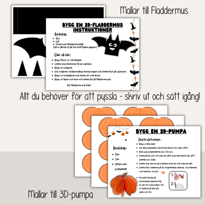 Halloweenpyssel för barn – bygg 3D-pumpa och fladdermus