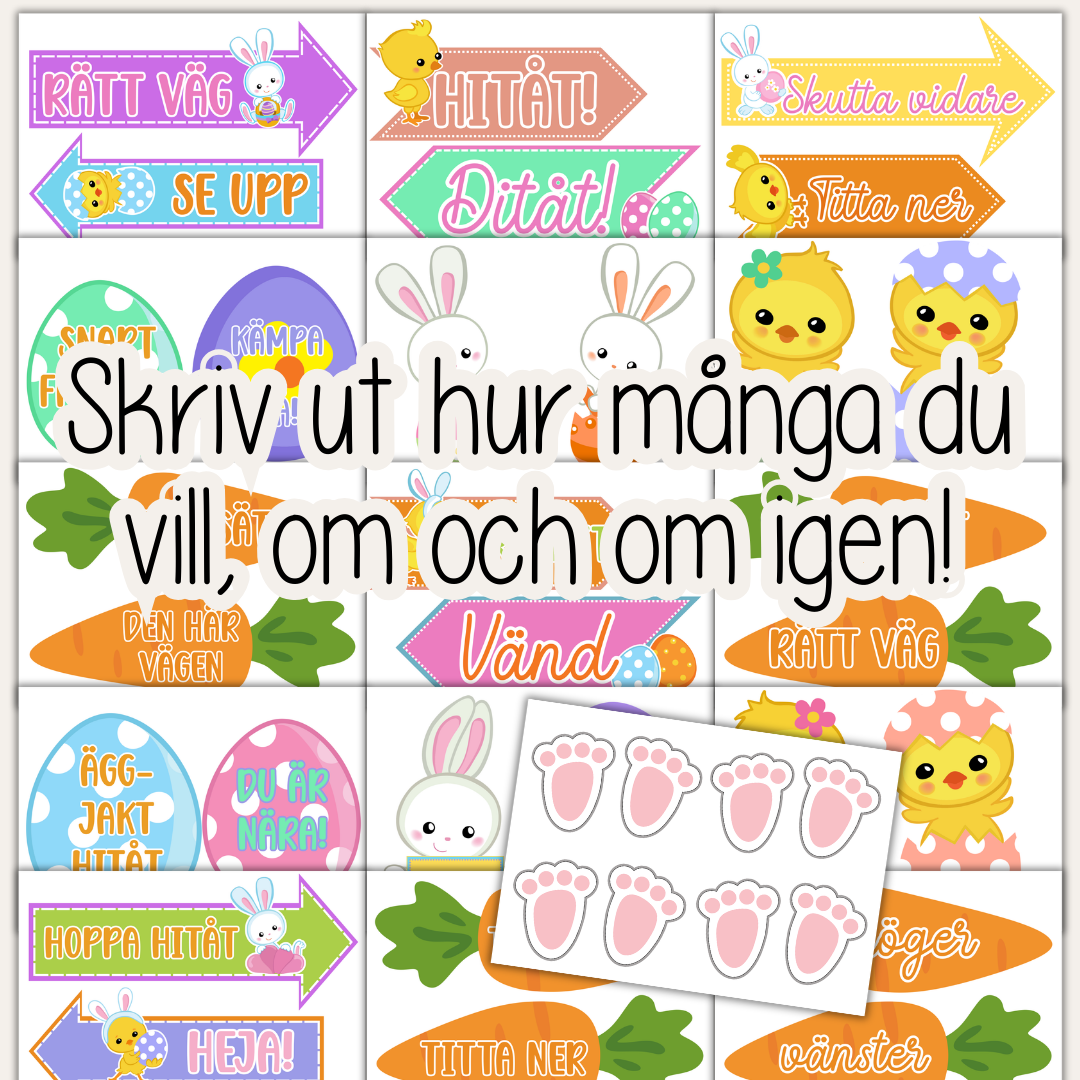 Äggjakt för barn – skyltar och påskharens spår att skriva ut (30 skyltar)