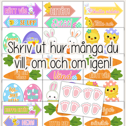 Äggjakt för barn – skyltar och påskharens spår att skriva ut (30 skyltar)