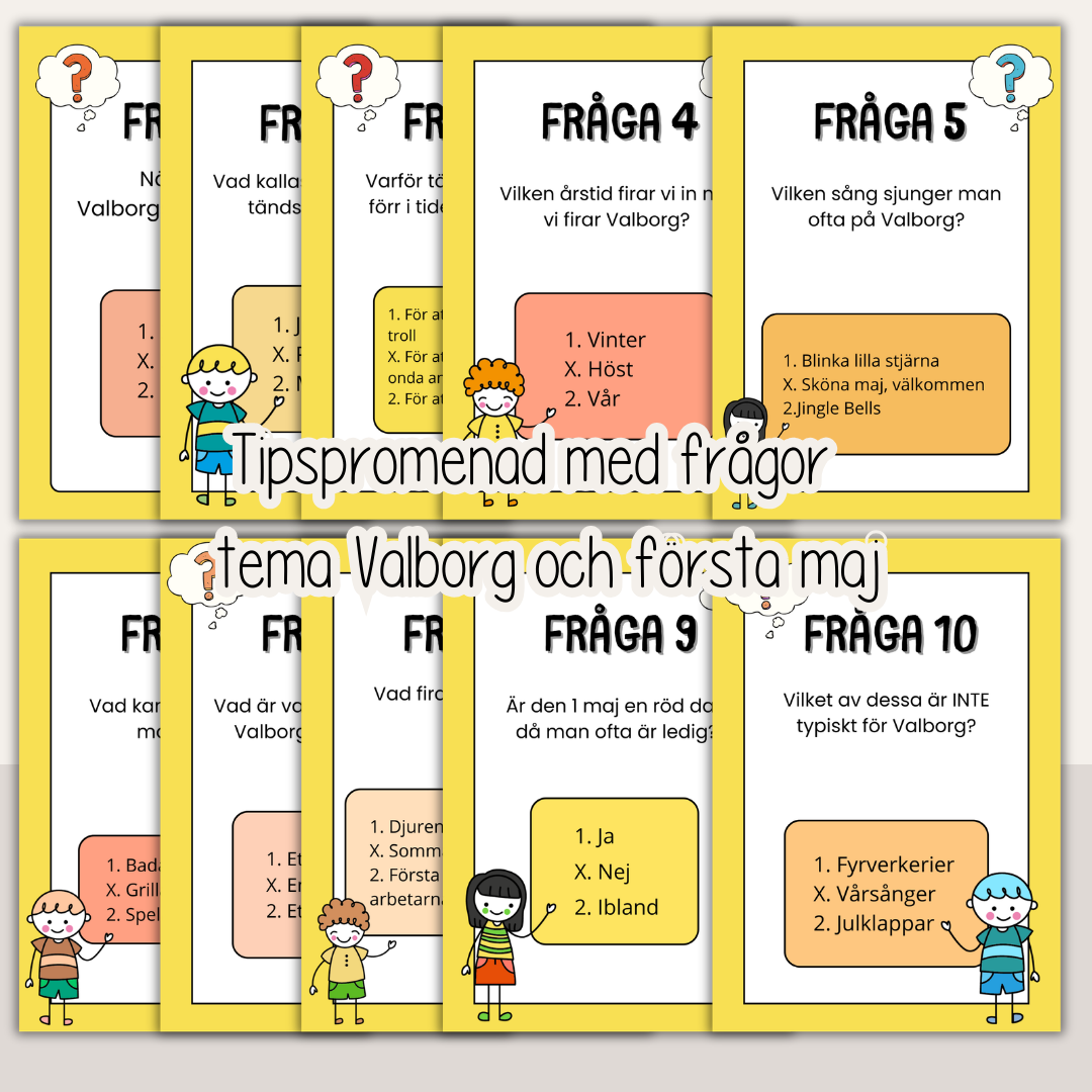 Tipspromenad Valborg och Första maj – 10 frågor för barn (utskrivbar aktivitet)