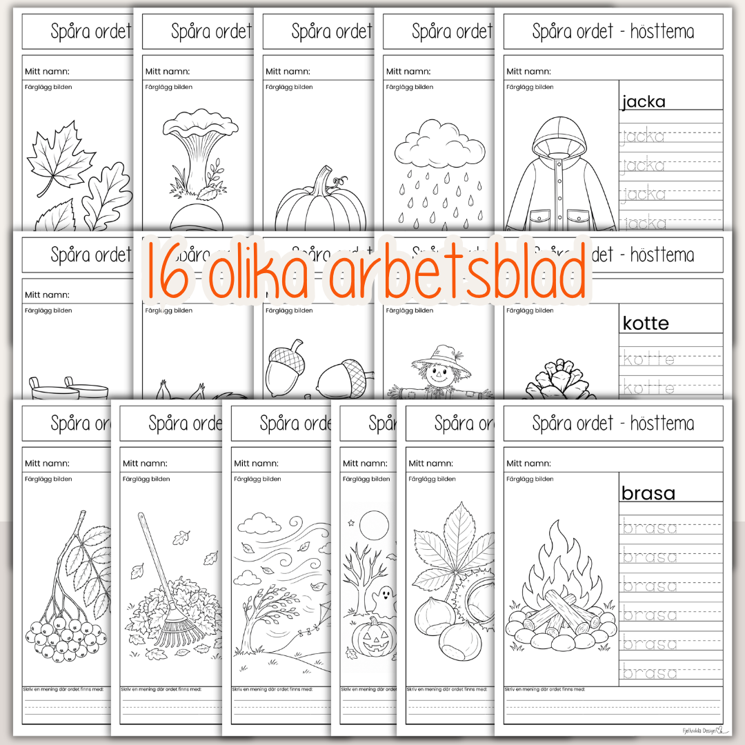 Spåra ord med hösttema – 16 arbetsblad för barn