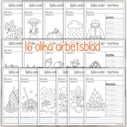 Spåra ord med hösttema – 16 arbetsblad för barn