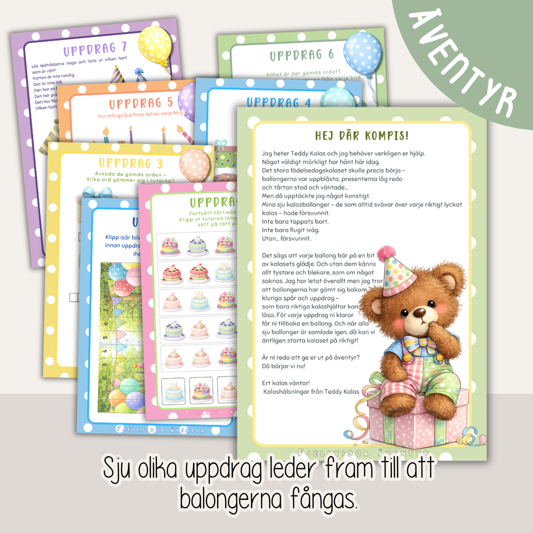Barnkalas aktivitet – Teddy Kalas och jakten på ballongerna (färdigt kalasäventyr i presentförpackning, 3–7 år)