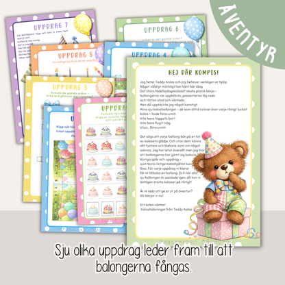 Barnkalas aktivitet – Teddy Kalas och jakten på ballongerna (färdigt kalasäventyr i presentförpackning, 3–7 år)