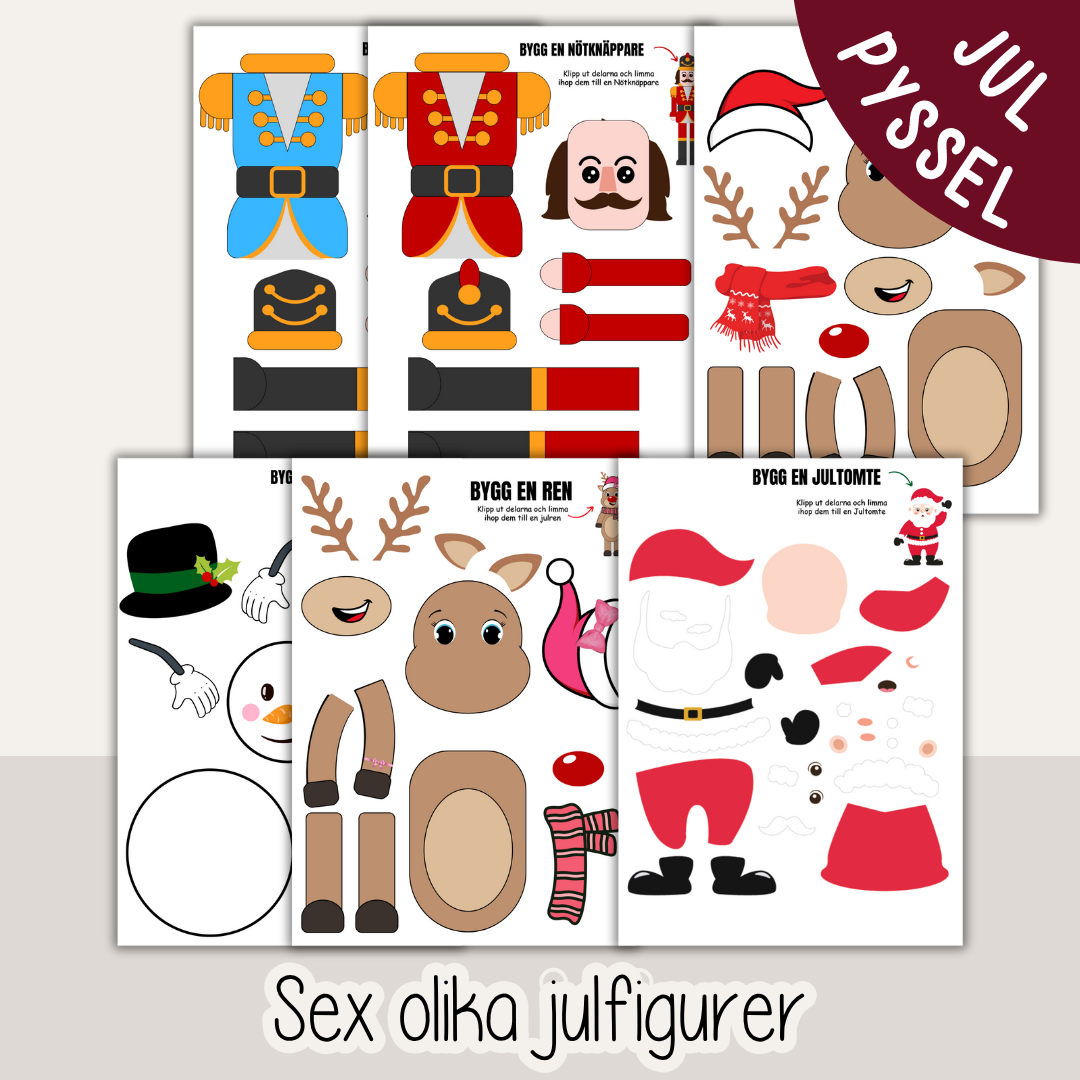 Julpyssel för barn – utskrivbara figurer att klippa och klistra